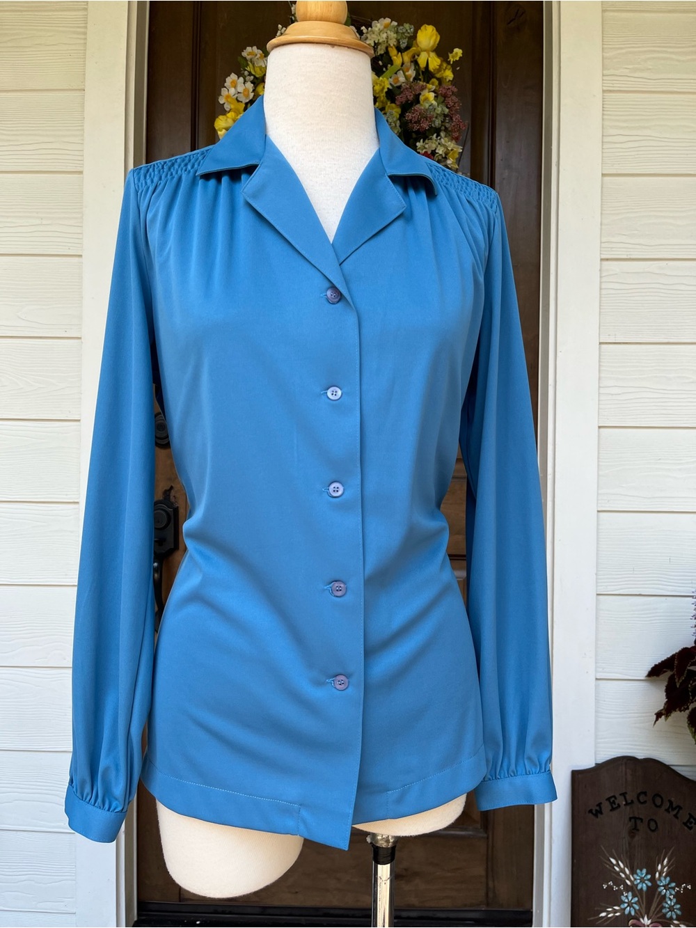 Vtg 70s Puccini Blue Polyester Button Down blouse